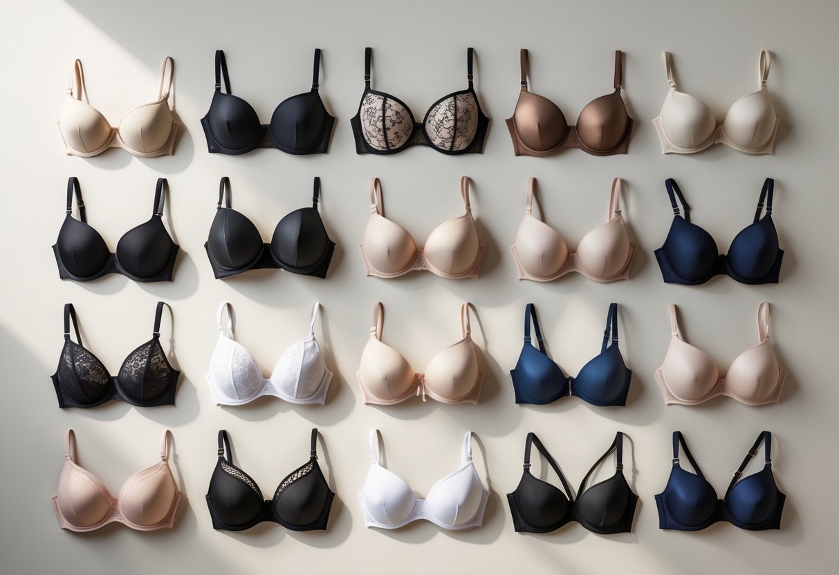 An assortment of 25 different types of bras displayed on a neutral background, showing various styles and materials.
