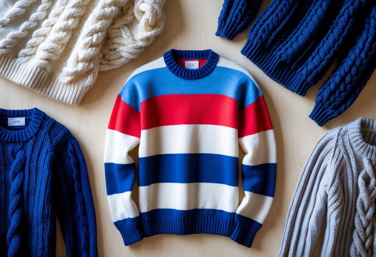 Four sweaters laid out on a wooden surface, including a striped sweater in the center and three other sweaters in different colors and textures.