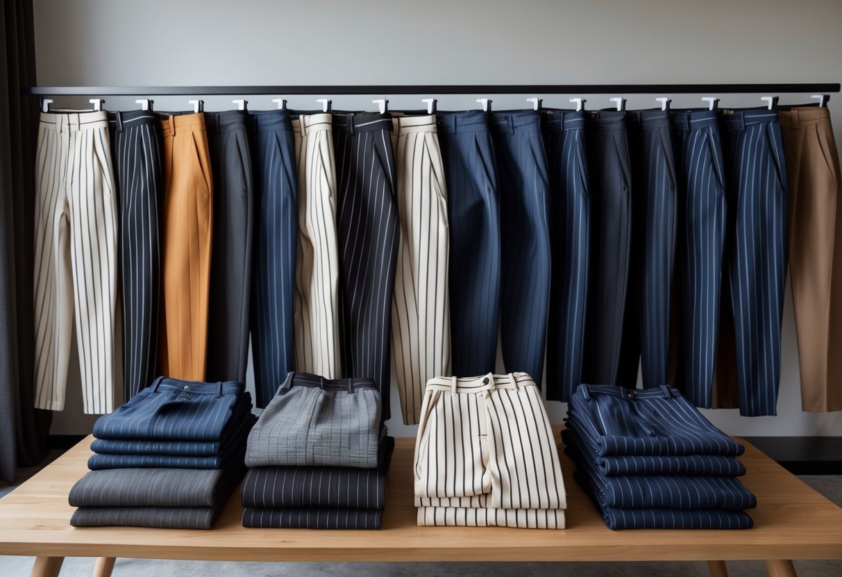 A variety of neatly arranged pinstripe trousers displayed on a wooden table in a well-lit studio.