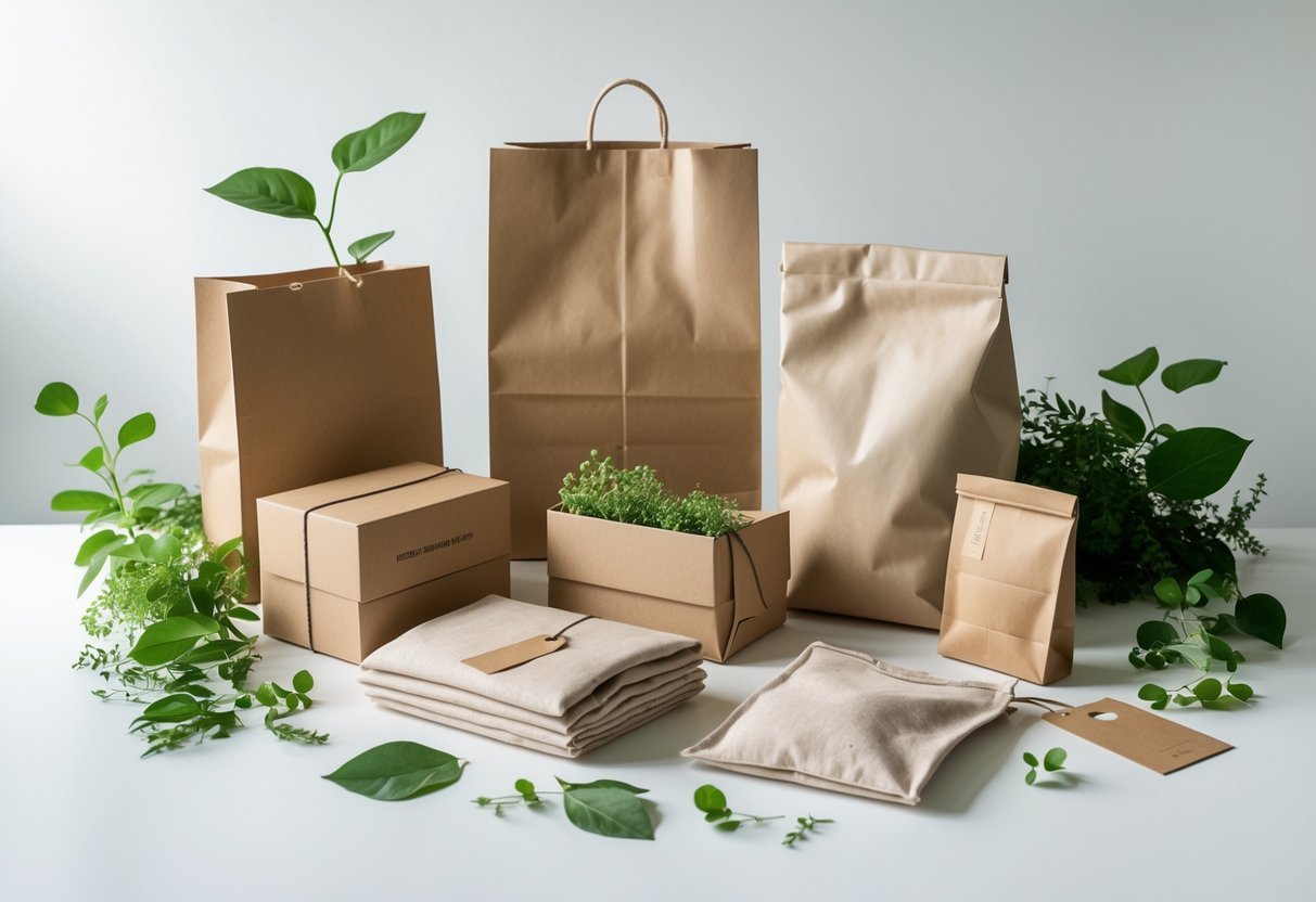 Eco-friendly clothing packaging materials arranged with green leaves and plants on a white surface.
