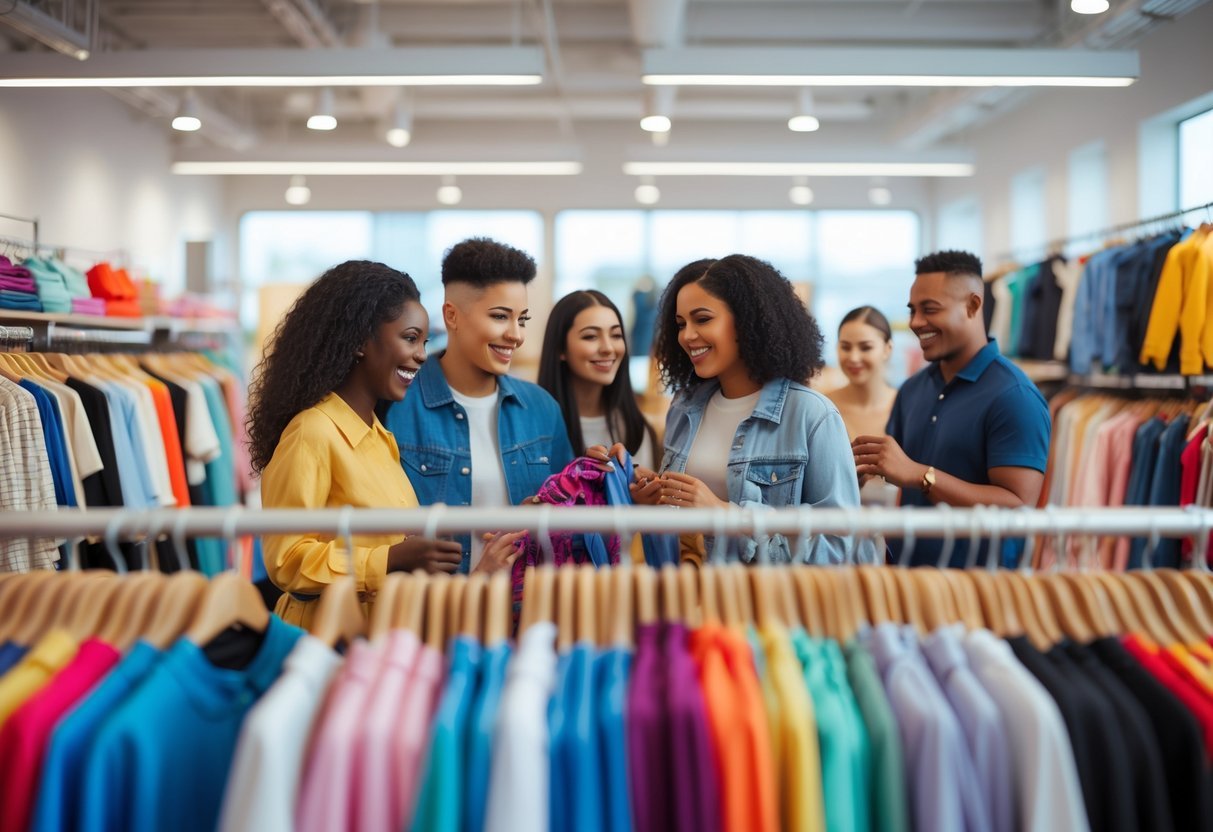 A group of young adults happily shopping for clothes in a bright, modern clothing store with racks of colorful garments.