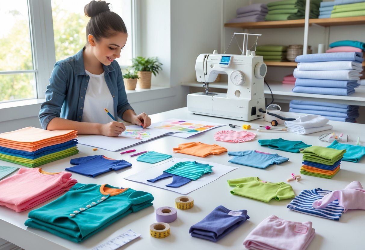 A workspace with a designer sketching kids' clothing designs, fabric swatches, sewing machine, and sewing tools arranged on a table.