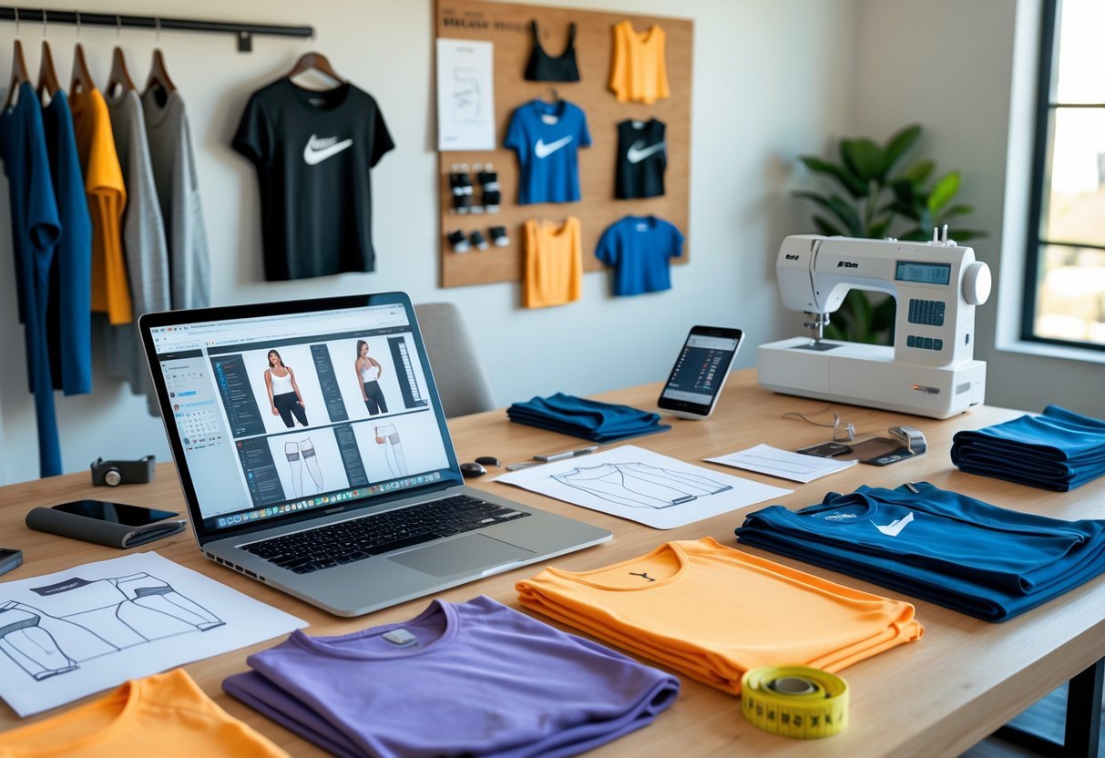 A workspace with sketches, fabric swatches, a laptop, and sewing tools used for designing fitness clothing.
