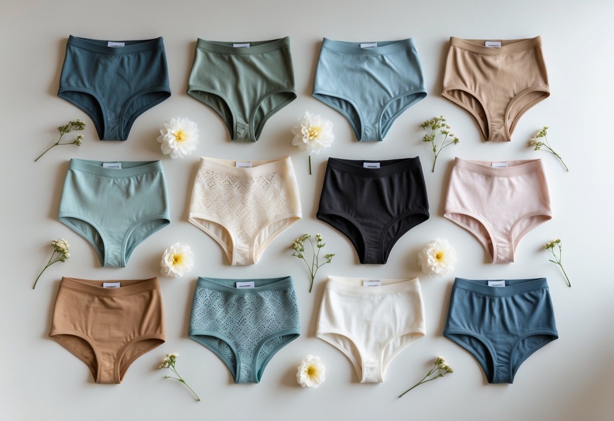 A flat lay of several hipster-style panties in different colors and fabrics arranged neatly on a light background.