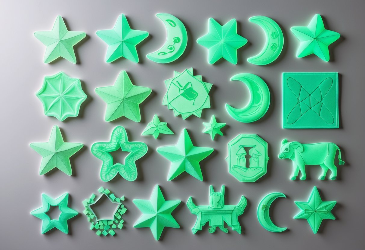 A collection of various glow-in-the-dark patches in different shapes glowing softly on a plain background.