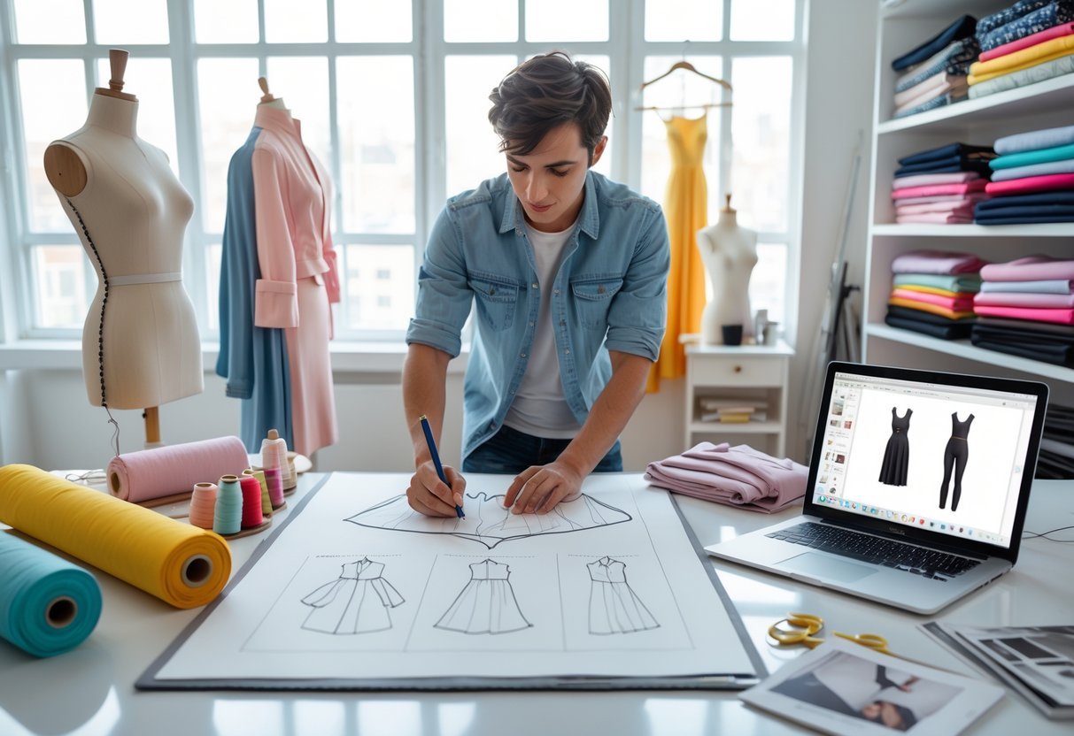 A person working on clothing designs at a desk with fabric, sewing tools, and a mannequin in a bright room.
