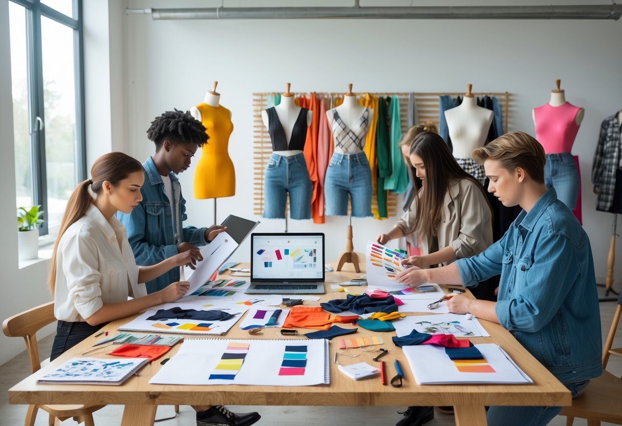 A group of fashion designers working together around a table with sketches, fabric samples, and sewing tools in a bright studio.