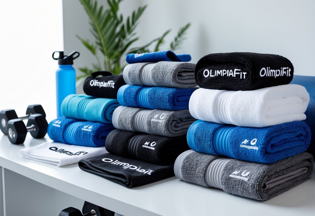 A collection of eleven different gym towels in various colors and sizes arranged on a white surface with gym equipment nearby.
