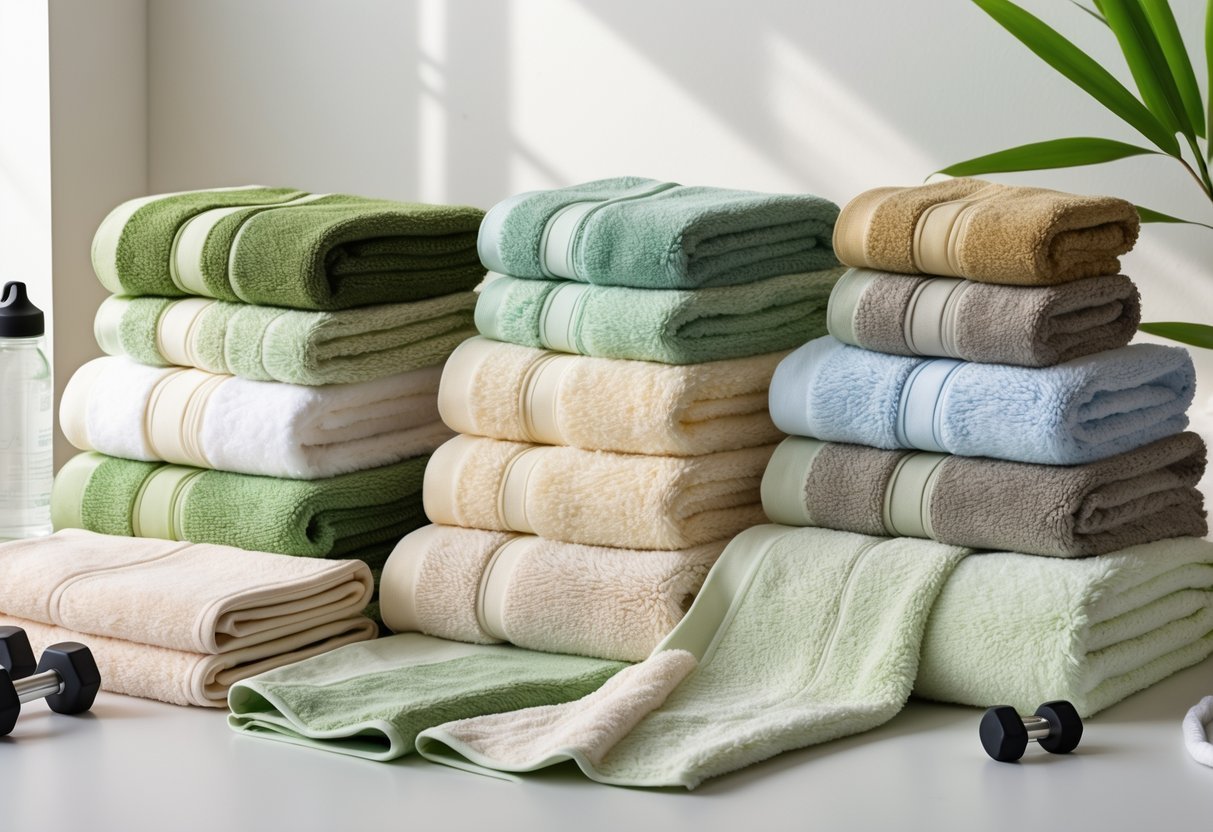 Eleven different bamboo fiber gym towels arranged neatly on a light surface with gym equipment nearby.
