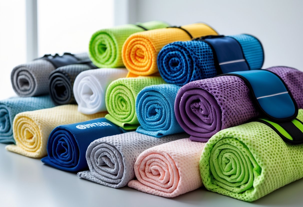 Eleven different compact travel gym towels in various colors and textures arranged on a light surface.