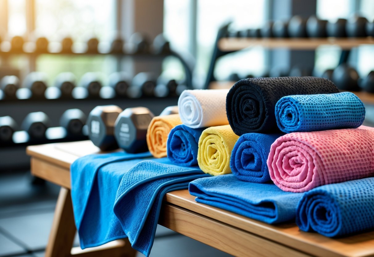 A variety of gym towels in different sizes and materials arranged on a bench inside a gym with exercise equipment in the background.