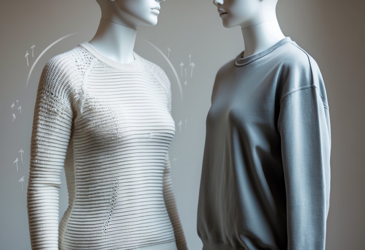 Two mannequins side by side wearing a knitted sweater and a solid sweatshirt, showing differences in fabric texture.