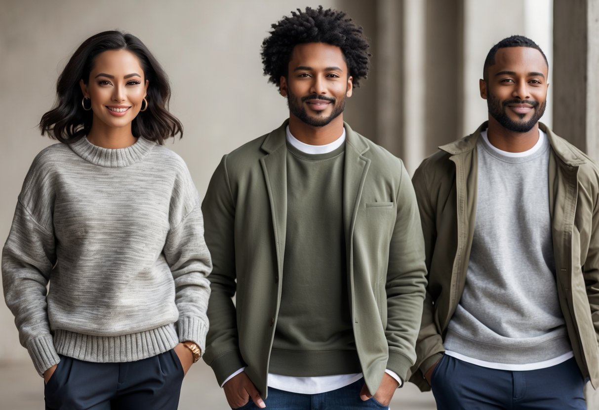 Three adults showing different ways to wear sweaters and sweatshirts, with one layering a sweater under a jacket, one wearing a sweatshirt alone, and one layering a sweatshirt under a jacket.