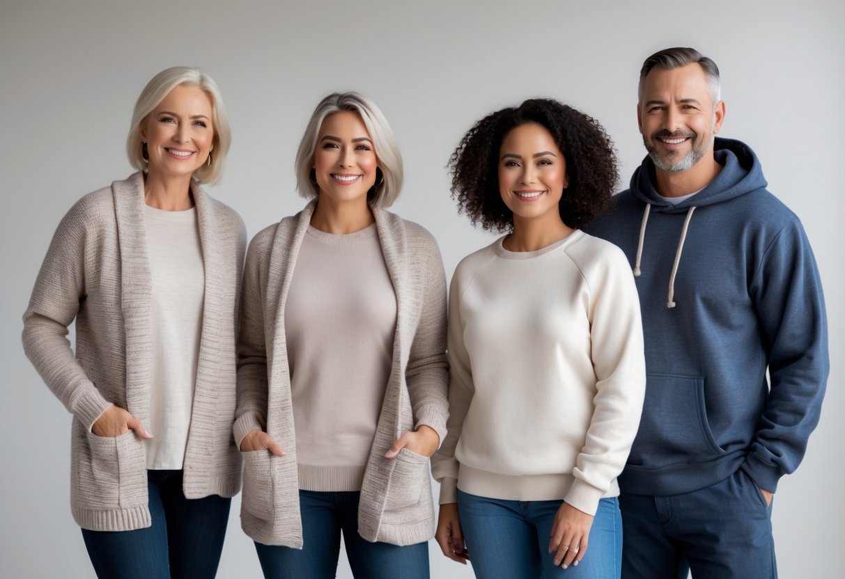 Four adults standing together wearing different types of warm tops, smiling against a plain background.