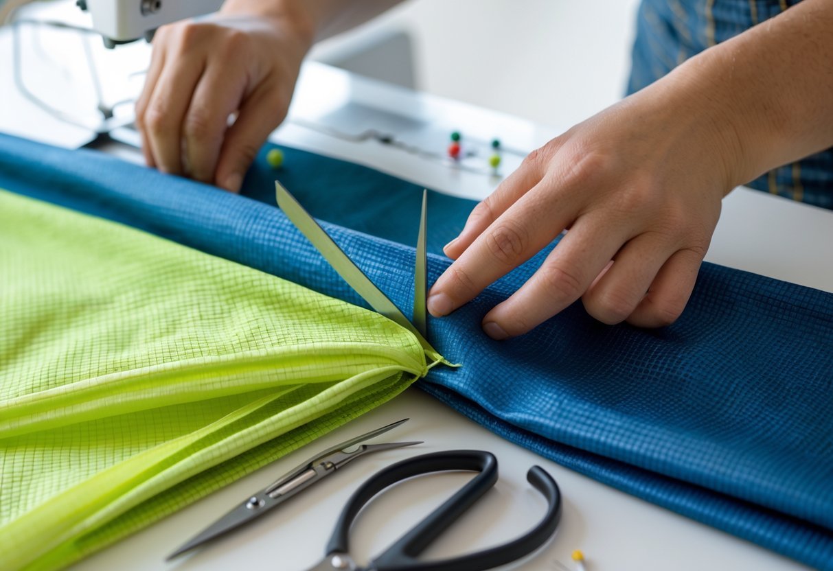 Hands working with ripstop nylon fabric using sewing tools on a clean workspace.