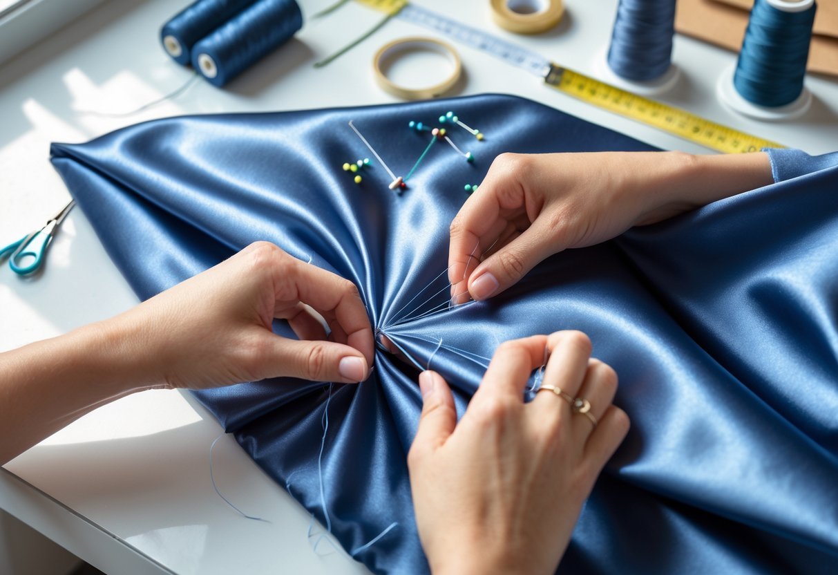 Hands finishing a nylon fabric project with sewing tools on a clean workspace.