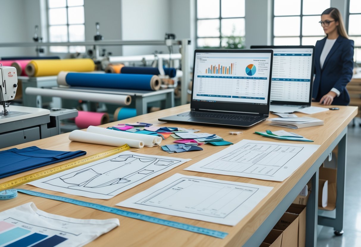A clothing factory workspace with designers working on sketches and fabrics, sewing machines, and a laptop showing cost calculations.