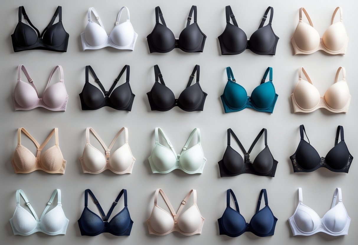 A collection of 29 different bras arranged neatly on a plain background, showing various styles and colors.