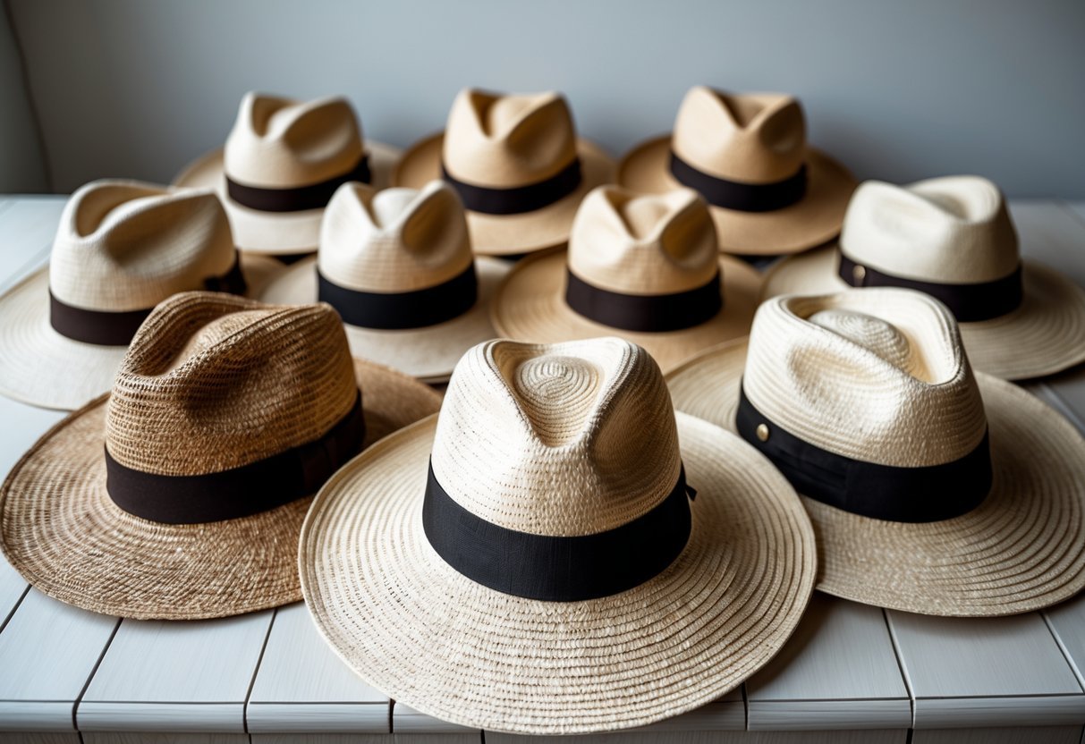 A collection of different Panama hats displayed on a wooden surface.