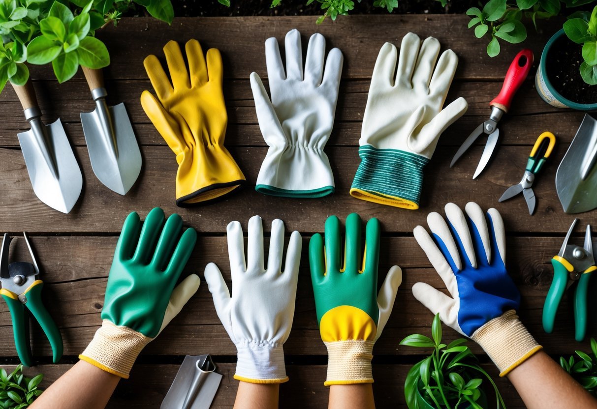 A variety of gardening gloves arranged on a wooden surface with gardening tools and plants in the background.