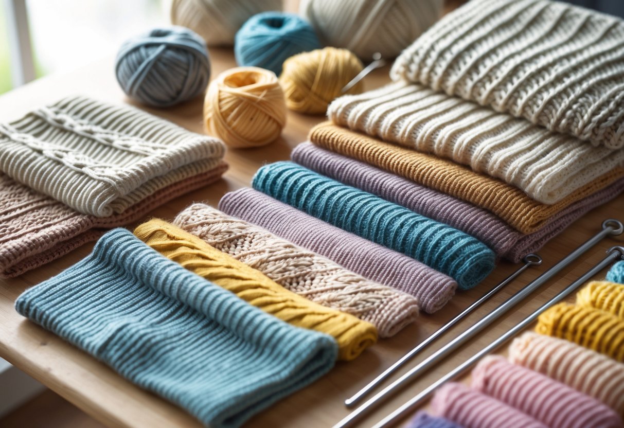 Close-up view of various knitted fabric samples with knitting needles, yarn balls, and scissors on a wooden table.