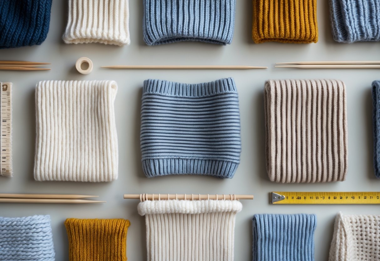Close-up view of various knitted fabric samples with different textures and patterns arranged on a neutral surface alongside sewing tools.