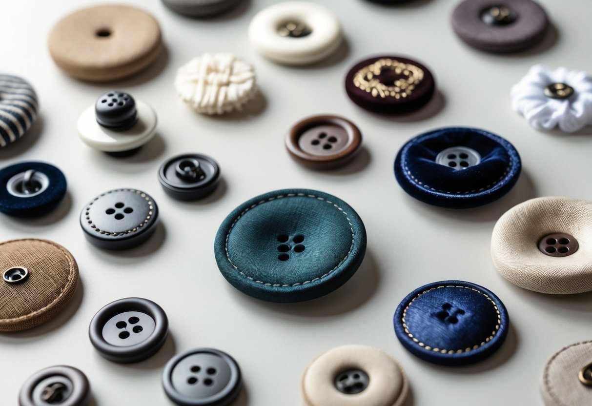 Close-up view of various fabric-covered buttons arranged on a neutral background.