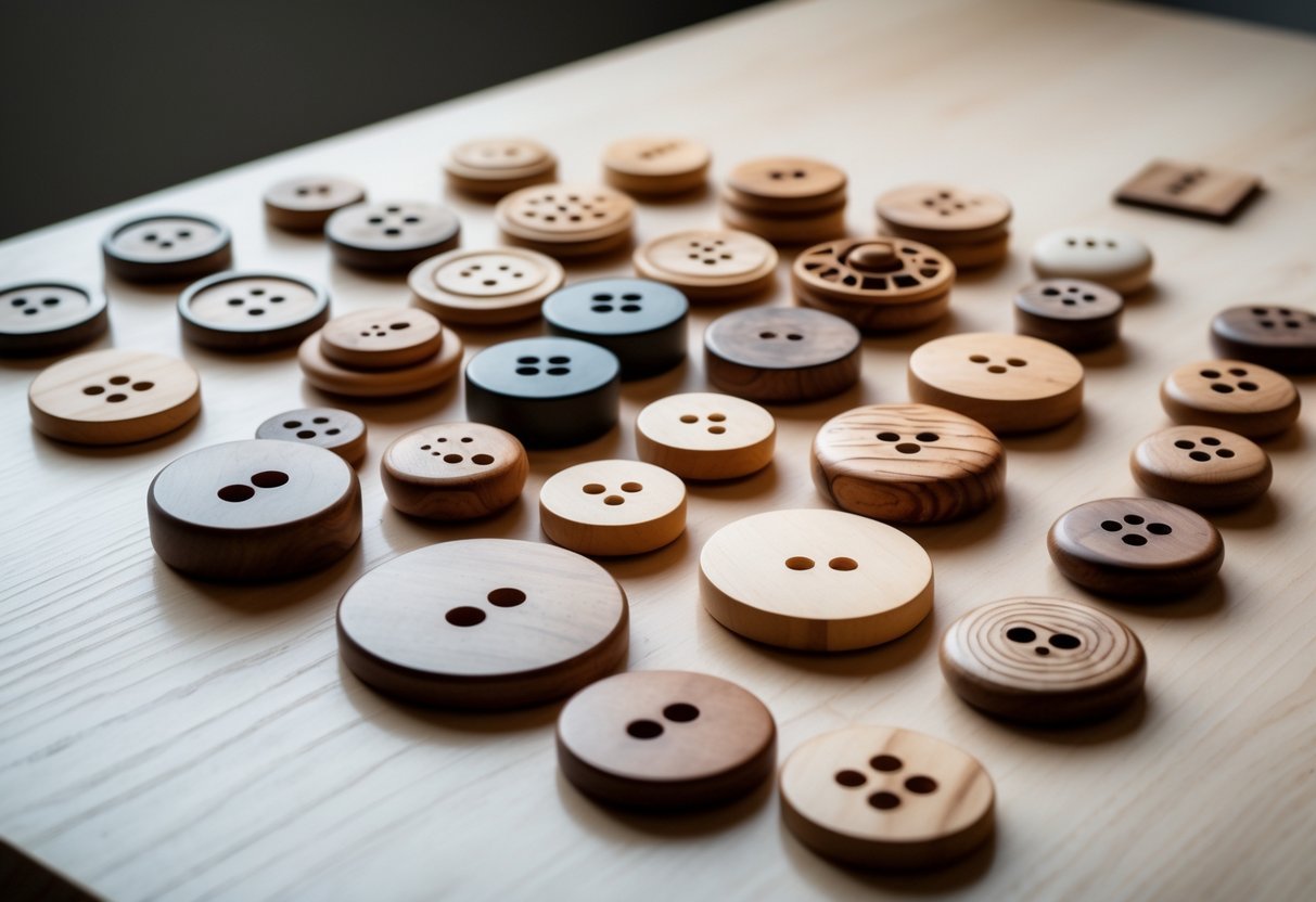 A collection of different wooden buttons arranged on a wooden surface.