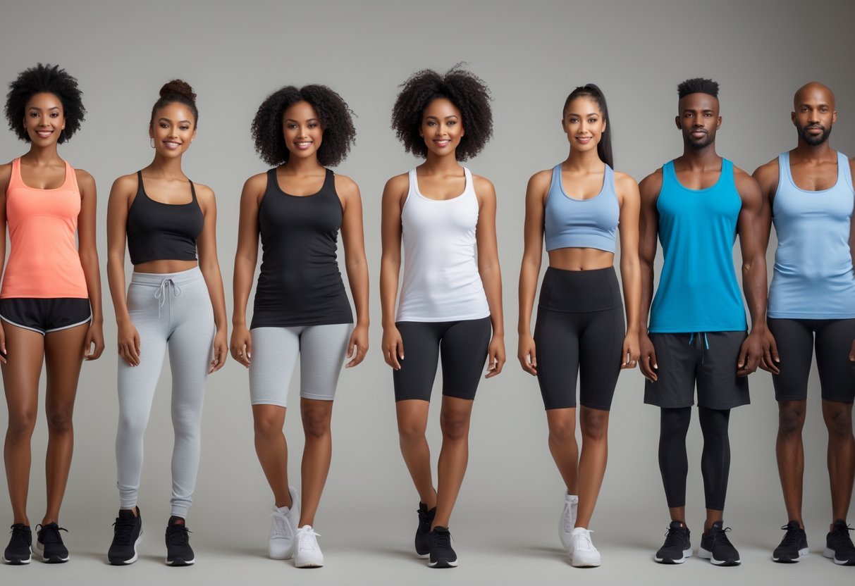 Six people wearing different styles of tank tops, standing and sitting together in a neutral setting.