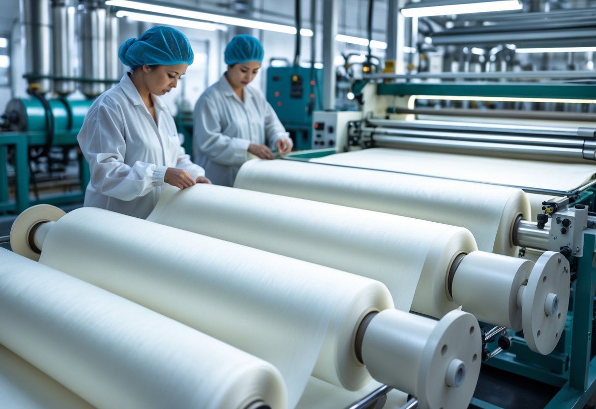 Workers operating machinery in a textile factory producing viscose fabric with large spools of soft fabric and industrial equipment.