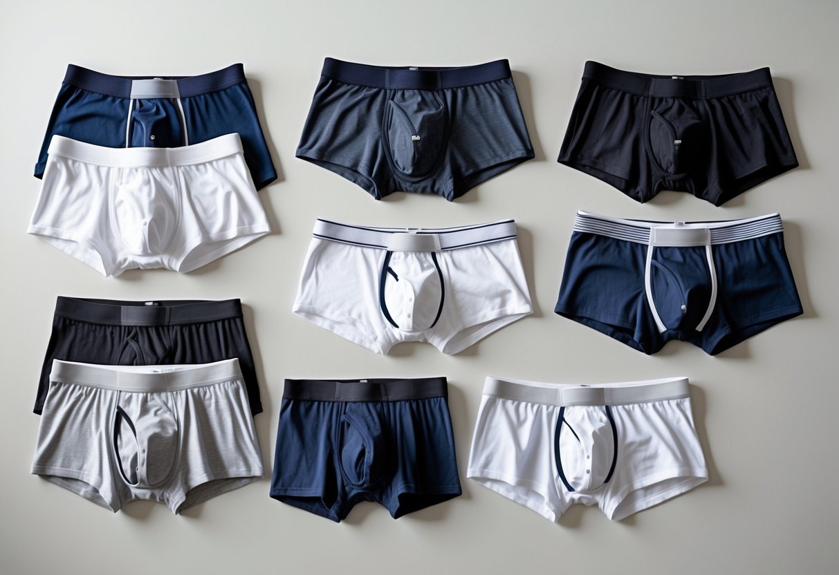A flat lay of different types of men's underwear arranged neatly on a neutral background.