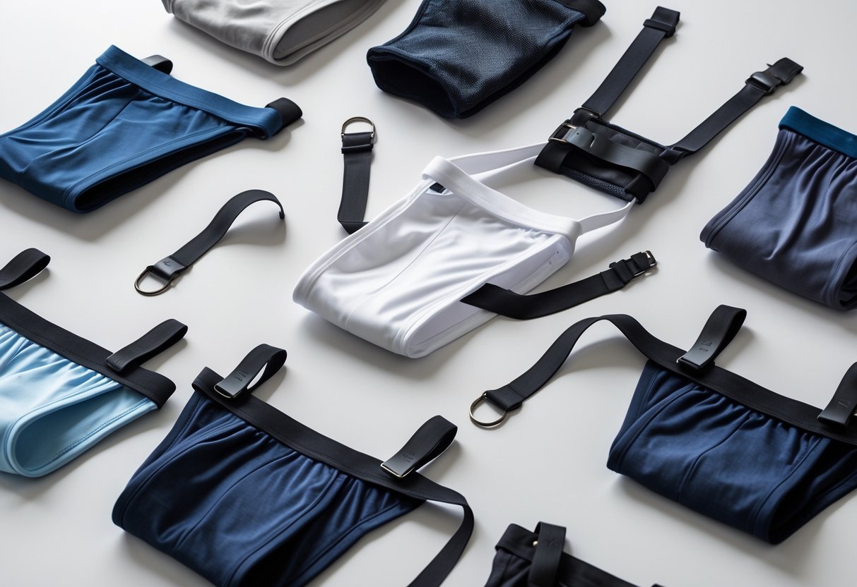 A display of different men's jockstraps arranged on a neutral background.