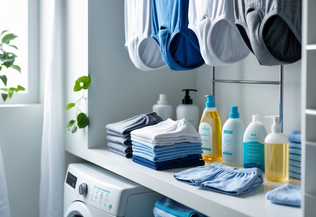 A clean bathroom or laundry area with various types of men's underwear neatly arranged alongside laundry care products.