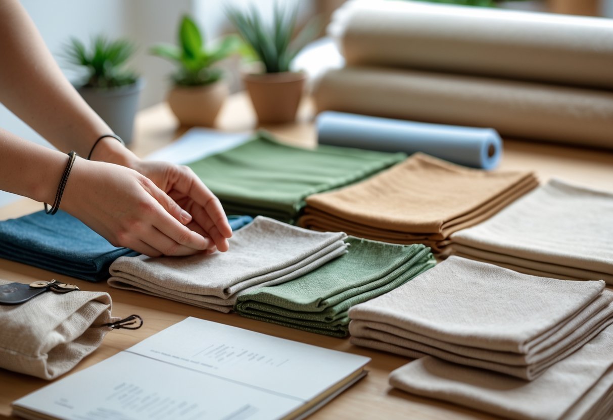 Hands examining eco-friendly fabric swatches on a wooden table with a small plant and fabric rolls in the background.