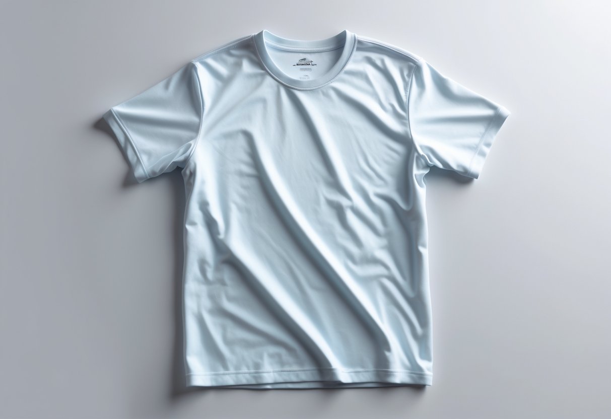 A plain polyester t-shirt displayed on a neutral background, showing its smooth fabric and shape.
