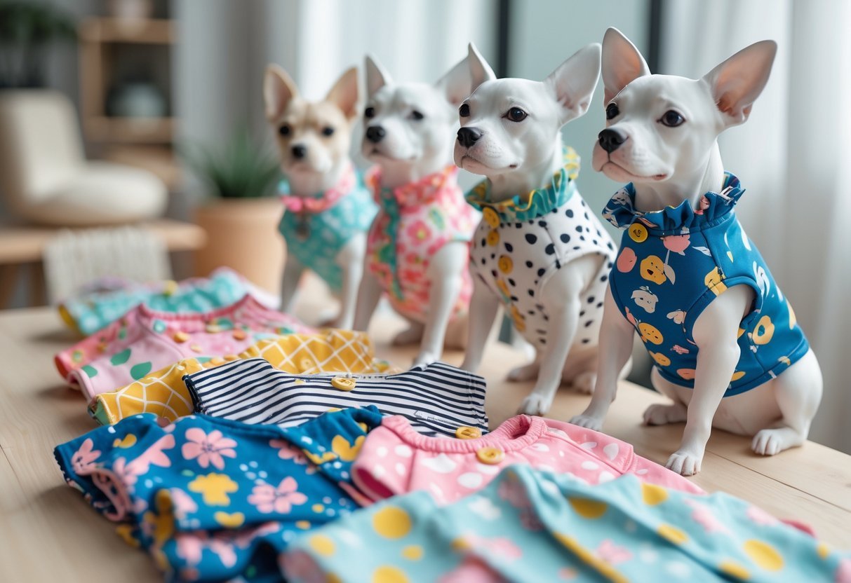 A collection of colorful pet clothes with various patterns displayed on dog mannequins and a wooden table.