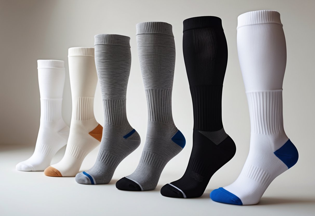 A selection of compression socks in different heights and materials arranged on a plain background.