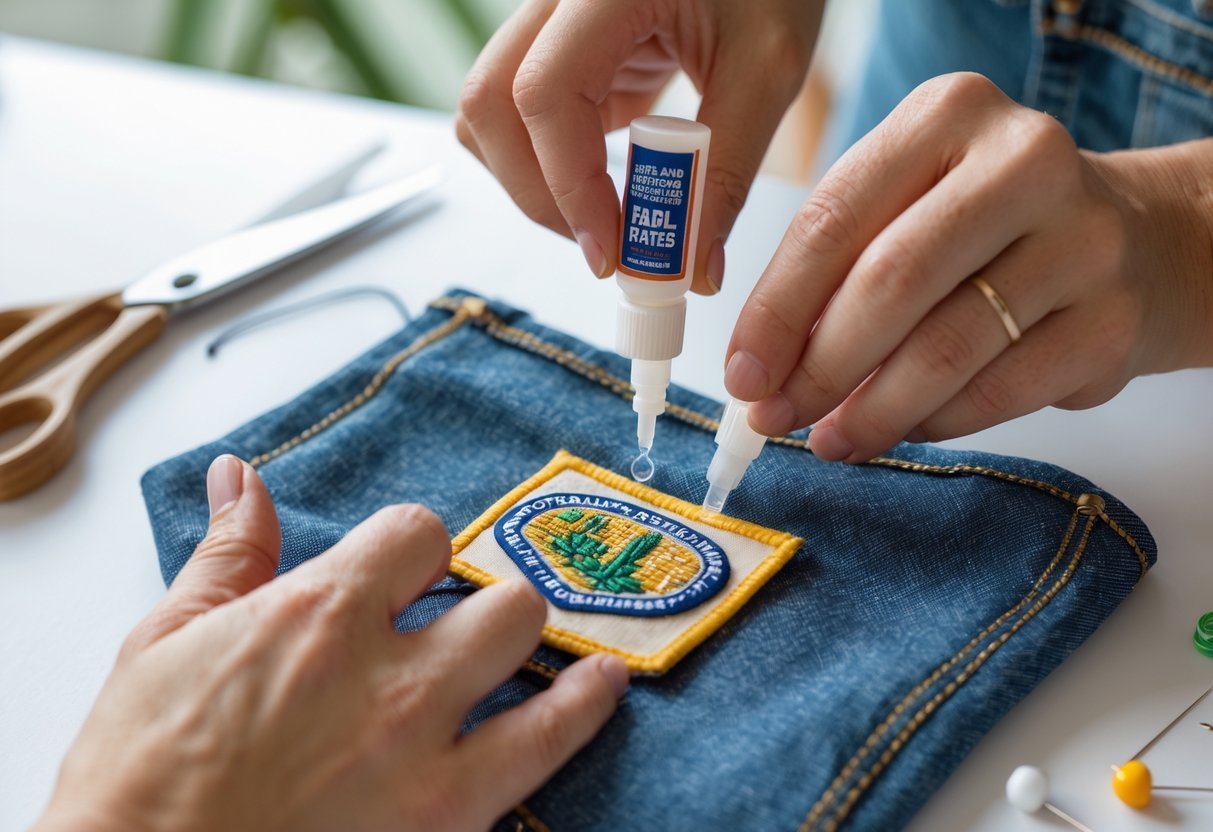 Hands attaching an embroidered patch to fabric using fabric glue in a well-lit workspace.
